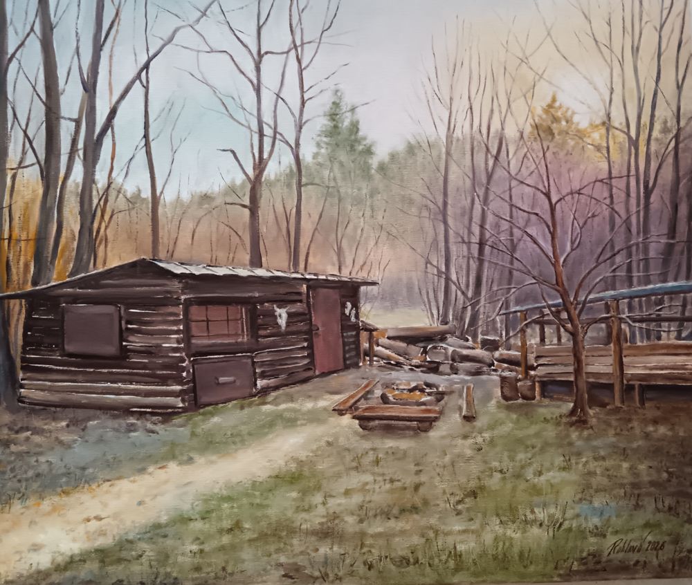 Olejomalba Kamarádův srub – originální obraz Jany Rohlové